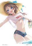  1girl :d bikini bikini_under_clothes blue_eyes blush bow breasts brown_hair contrapposto cowboy_shot crop_top cutoffs denim denim_shorts dutch_angle eyebrows_visible_through_hair hat hat_bow holding holding_shoes love_live! love_live!_sunshine!! medium_breasts midriff navel off-shoulder_shirt off_shoulder open_mouth rozen5 see-through_silhouette shirt shoes short_hair short_shorts shorts side-tie_bikini simple_background smile solo straw_hat striped striped_bikini sun_hat sweat swimsuit swimsuit_under_clothes underboob upper_teeth wading watanabe_you water white_background 