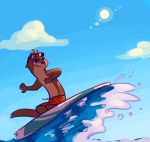  2019 ambiguous_gender anthro blue_sky clothed clothing cloud eyewear eyewear_on_head fuel_(artist) head_tuft hi_res lutrine mammal mustelid oliver_(fuel) outside sky smile solo sun sunglasses sunglasses_on_head surfboard surfing swimming_trunks swimwear topless water wave 