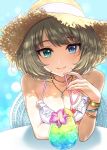  1girl aqua_eyes bangs bare_arms bare_shoulders bikini blue_eyes blush bracelet breasts brown_headwear cleavage closed_mouth cocktail_glass crazy_straw cup day drinking_glass drinking_straw eyebrows_visible_through_hair fingernails flower food frilled_bikini frills fruit glint green_hair hat heart_straw heterochromia highres idolmaster idolmaster_cinderella_girls jewelry lemon lemon_slice looking_at_viewer medium_breasts mole mole_under_eye morikura_en nail_polish necklace outdoors pink_nails purple_flower short_hair smile solo straw_hat swimsuit takagaki_kaede white_bikini 