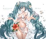  1girl ;d aqua_eyes aqua_hair bare_arms bare_shoulders bikini blurry breasts character_name cleavage collarbone cowboy_shot flower hair_between_eyes hair_flower hair_ornament hatsune_miku hibiscus highres large_breasts long_hair looking_at_viewer navel one_eye_closed open_mouth red_flower see-through sidelocks smile solo standing swimsuit thighs unity_(ekvmsp02) very_long_hair vocaloid water_drop white_background white_bikini white_flower 