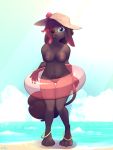  2019 absurd_res anthro b-epon beach big_breasts breasts bush_(disambiguation) canid canine canis curvaceous domestic_dog female fluffy hair happy hi_res inner-tube inner_tube looking_at_viewer mammal nipples poodle pool_toy seaside solo sun_hat sunhat 