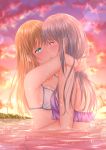  2girls absurdres blonde_hair blue_eyes blush breasts cleavage closed_mouth collarbone highres hug imminent_kiss kiss long_hair medium_breasts multiple_girls naginagiwaffle ocean original outdoors parted_lips partially_submerged purple_bikini_top purple_eyes sideboob silver_hair smile straight_hair twilight very_long_hair wet wet_hair white_bikini_top yuri 