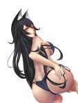  1girl absurdres animal_ears ass bikini black_hair blue_bikini breasts butt_crack commentary_request dutch_angle feet_out_of_frame fox_ears from_behind highres large_breasts original pink_lips side-tie_bikini sideboob swimsuit white_background yellow_eyes yuzuriha_(pixiv_14248010) 