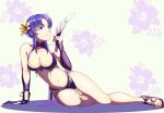  1girl bikini breasts cleavage commentary_request detached_sleeves feathers fire_emblem fire_emblem_heroes floral_background flower gzo1206 hair_flower hair_ornament large_breasts navel purple_bikini purple_eyes purple_hair purple_sleeves sandals short_hair sleeves_past_wrists solo swimsuit ursula_(fire_emblem) 