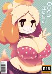  2019 absurd_res animal_crossing anthro big_breasts breasts canid canine canis cleavage clothed clothing comic domestic_dog female fur gesture hair hi_res huge_breasts isabelle_(animal_crossing) looking_at_viewer mammal nintendo shih_tzu simple_background solo sqoon sssonic2 thick_thighs toy_dog v_sign video_games voluptuous wide_hips yellow_fur 