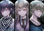  1girl 2boys ahoge akamatsu_kaede amami_rantarou antenna_hair artist_name black_hair blonde_hair breasts checkered checkered_scarf collarbone commentary_request danganronpa ear_piercing earrings eyebrows_visible_through_hair from_side green_eyes green_hair hair_ornament jewelry large_breasts long_hair looking_at_viewer multiple_boys musical_note_hair_ornament necklace new_danganronpa_v3 orange_neckwear ouma_kokichi piercing pink_eyes purple_eyes scarf short_hair striped striped_sweater sweater z-epto_(chat-noir86) 