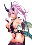  1girl bangs bare_hips bare_shoulders blunt_ends breasts cleavage commentary_request covered_nipples cowboy_shot cross-laced_clothes dragon_girl dragon_horns dragon_tail dragon_wings elbow_gloves fang fingerless_gloves fingernails gloves hand_up heart_cutout high_ponytail highres horns jewelry lavender_hair navel neck_ring onsoku_maru open_mouth original parted_bangs red_eyes scales sharp_fingernails shiny shiny_skin side_cutout sideboob simple_background skindentation slit_pupils solo tail thighhighs tsurime white_background wings 