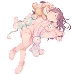  1girl arm_up closed_eyes full_body kaitou_sentai_lupinranger_vs._keisatsu_sentai_patranger kiri_futoshi long_hair lying myoujin_tsukasa on_back pajamas pink_footwear purple_hair simple_background sleeping slippers smile solo stuffed_animal stuffed_bunny stuffed_dog stuffed_toy teddy_bear 