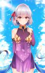  1girl bangs bare_shoulders blue_sky blush closed_mouth cloud cloudy_sky collarbone covered_collarbone covered_navel cowboy_shot day detached_sleeves dress earrings endsmall_min eyebrows_visible_through_hair fate/grand_order fate_(series) hair_between_eyes hair_ribbon hand_up highres jewelry kama_(fate/grand_order) long_sleeves looking_at_viewer navel outdoors pointing pointing_at_self purple_dress purple_skirt purple_sleeves red_eyes red_ribbon ribbon see-through signature silver_hair skirt sky sleeveless sleeveless_dress sleeves_past_wrists solo standing sunlight 