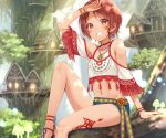  blush building cropped flat_chest forest fukahire_sanba navel necklace original red_eyes red_hair short_hair shorts tattoo tree waifu2x wristwear 