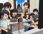  5boys barefoot black_eyes briefs closed_eyes controller drink fang game_console game_controller glasses hair_between_eyes handheld_game_console indoors joy-con kaminosaki1 multiple_boys nintendo nintendo_switch nintendo_switch_pro_controller opaque_glasses open_mouth playing_games red_eyes shota sitting smile sweatdrop underwear 