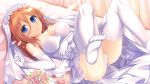  1girl bed bed_sheet blue_eyes breasts bridal_veil cleavage commentary_request dress elbow_gloves eyebrows_visible_through_hair flower gloves go-toubun_no_hanayome hair_between_eyes hand_on_own_stomach lace lace-trimmed_legwear legs_up long_hair looking_at_viewer lying medium_breasts nakano_miku on_back orange_hair panties petals solo strapless strapless_dress thighhighs umitonakai underwear veil wedding_dress white_dress white_legwear white_panties 