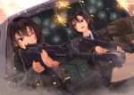  2girls aiming ak-5 assault_rifle brown_hair bullet_hole commentary dreadtie firing gun highres holding holding_gun holding_weapon load_bearing_vest multiple_girls one_eye_closed original rifle school_uniform short_hair sig_552 smoke weapon 