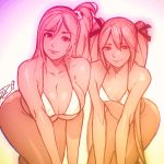  2girls bent_over bikini breasts cleavage curvy dead_or_alive dead_or_alive_5 flat_chest hair_ribbon highres honoka_(doa) huge_breasts long_hair looking_at_viewer marie_rose micro_bikini monochrome multiple_girls ribbon robert_porter side-by-side side_ponytail sketch swimsuit two_side_up underboob v_arms very_long_hair wide_hips 