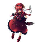  1girl blush braid closed_mouth dress frown gotou_nao graf_eisen hammer hat holding holding_weapon looking_at_viewer lyrical_nanoha magical_girl red_dress red_footwear red_hair red_headwear shoes simple_background solo standing twin_braids twintails vita weapon white_background 