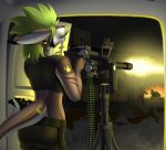  2019 anthro detailed_background digital_media_(artwork) female fin fish green_hair hair holding_gun holding_object holding_weapon marine open_mouth shark standing tales_foxdale teeth weapon 