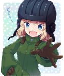  bangs blonde_hair blue_eyes fang girls_und_panzer gloves green_jumpsuit helmet jumpsuit katyusha long_sleeves looking_at_viewer miyano_ururu open_mouth short_hair smile star starry_background 