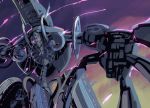  1boy armor claws glowing glowing_eye glowing_eyes grey_theme limited_palette looking_at_viewer metal_face no_humans pink_theme purple_background reaching_out robot samidare solo xenoblade_(series) xenoblade_1 