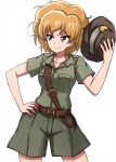  1girl bangs belt belt_buckle buckle collarbone girls_und_panzer grey_eyes hat hat_removed headwear_removed highres holding holding_hat kamonohashi_(girls_und_panzer) koala_forest_military_uniform looking_to_the_side messy_hair omachi_(slabco) orange_hair short_hair short_sleeves shorts smile solo thighs 