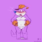  1:1 2019 anthro barefoot belly belt blush briefs clothing embarrassed fang_the_sniper fur gloves handwear hat headgear headwear hi_res impximon male mammal moobs mustela mustelid musteline nipples overbite overweight purple_fur signature solo sonic_(series) underwear white_fur 