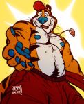  2019 5_fingers absurd_res anthro biceps bodily_fluids bottomwear clothed clothing felid fingers frosted_flakes hat headgear headwear hi_res kellogg&#039;s looking_at_viewer male mammal mascot mayku muscular muscular_male navel nipples pantherine pecs shorts smile solo sweat tiger tony_the_tiger topless whiskers whistle 