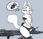  &lt;3 2019 anthro biped blush bodily_fluids butt canid canine clothed clothing disney eyebrows eyelashes female flat_chested fluffy fluffy_tail fox fur gatling_gun gloves grin gun half-closed_eyes handwear hi_res inner_ear_fluff josun looking_at_viewer machine machine_gun mammal mostly_nude nail ranged_weapon simple_background sitting skye_(zootopia) smile solo speech_bubble suggestive sweat thick_thighs underwear weapon white_fur zootopia 