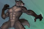  2019 abs anthro bared_teeth biceps brown_fur canid canine canis claws digital_media_(artwork) featureless_crotch fur green_eyes looking_at_viewer male mammal marsel-defender motion_lines muscular muscular_male navel nude pecs simple_background solo standing wolf 