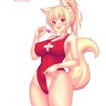  1girl animal_ear_fluff animal_ears bangs blonde_hair blush breasts cat_ears cat_tail cleavage covered_nipples cowboy_shot english_commentary eyebrows_visible_through_hair fang fast-runner-2024 high_ponytail highres impossible_clothes impossible_swimsuit large_breasts looking_at_viewer medium_hair one-piece_swimsuit open_mouth original patreon_username red_eyes slit_pupils solo standing swimsuit swimsuit_pull tail tiffy tongue tongue_out watermark web_address whistle white_background 
