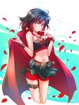  1girl adapted_costume bandolier belt black_hair black_skirt breasts bullet cape cartridge corset gradient_hair highres iesupa midriff multicolored_hair navel petals red_cape red_hair rose_petals ruby_rose rwby short_hair shorts shorts_under_skirt silver_eyes skirt solo two-tone_hair wrist_wrap 