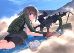  1girl ammunition_belt backpack bag bike_shorts brown_hair chips commentary dreadtie dust_cloud eating food gun highres looking_at_viewer lying machine_gun mouth_hold on_stomach original outdoors potato_chips shooting_glasses short_hair solo weapon weapon_request 