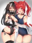  2girls animal_ear_fluff animal_ears artist_request asymmetrical_docking azur_lane bangs bare_shoulders black_hair black_legwear blush breast_press breasts bridal_gauntlets cat_ears cat_tail choker cleavage collarbone commentary_request covered_navel crossed_bangs elbow_gloves eyebrows_visible_through_hair fang gloves gradient gradient_background hair_between_eyes highres i-19_(azur_lane) iron_cross large_breasts long_hair looking_at_viewer multicolored_hair multiple_girls off_shoulder one-piece_swimsuit open_mouth red_eyes red_hair school_swimsuit sidelocks sleeves_past_wrists smile standing streaked_hair swimsuit swimsuit_pull tail thighhighs thighs twintails u-47_(azur_lane) unzipped white_hair white_legwear zipper 