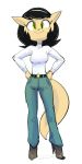  anthro belt biped black_hair boots bottomwear clothed clothing dbaru domestic_cat eyelashes felid feline felis female fluffy fluffy_tail footwear full-length_portrait fully_clothed fur green_eyes hair hi_res high_heels kitty_katswell long_tail looking_at_viewer mammal nickelodeon pants portrait shirt shoes simple_background smile solo standing t.u.f.f._puppy tan_ears tan_fur tan_tail topwear turtleneck white_background 