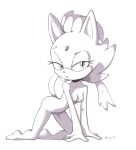  2019 all_fours anthro areola biped blaze_the_cat breasts digital_media_(artwork) domestic_cat eyebrows eyelashes felid feline felis female half-closed_eyes hi_res kneeling long_tail looking_at_viewer mammal monochrome nipples nude qrog raised_eyebrow signature simple_background small_breasts solo sonic_(series) white_background 