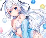  bikini blue_eyes blush breasts choker cleavage cropped hoodie kasu_(return) long_hair navel original pointed_ears ponytail ribbons swimsuit tattoo water white_hair wings 