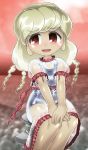 1girl :d bangs blonde_hair blurry commentary_request dark_skin depth_of_field dress earlobes ebisu_eika eyebrows_visible_through_hair feet_out_of_frame frilled_skirt frilled_sleeves frills hands_on_own_knees legs_together looking_to_the_side old_school_swimsuit open_mouth own_hands_together puffy_short_sleeves puffy_sleeves red_eyes red_sky rock sanzu_river school_swimsuit see-through short_sleeves sitting sitting_on_rock skirt sky smile solo swimsuit swimsuit_under_clothes touhou white_dress winn 