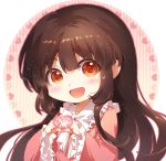  1girl :d bangs black_hair blush bow bowtie brown_eyes chibi chinese_commentary circle commentary_request eyebrows_visible_through_hair frilled_shirt_collar frilled_sleeves frills heart heart_hands houraisan_kaguya light_particles long_hair long_sleeves looking_at_viewer open_mouth pink_shirt shangguan_feiying shirt sidelocks simple_background smile solo touhou upper_body white_background white_bow white_neckwear wide_sleeves 