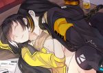  2girls bangs between_legs black_hair blush braid breasts closed_eyes commentary_request eyebrows_visible_through_hair fingerless_gloves girls_frontline gloves hair_between_eyes hand_between_legs headphones headphones_around_neck hood hooded_jacket hoodie jacket licking long_hair long_sleeves m16a1_(girls_frontline) multicolored_hair multiple_girls ro635_(girls_frontline) saliva streaked_hair tears thighs tongue tongue_out u_nagidon white_hair yuri 