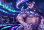  2018 5_fingers anthro arm_hair armor aurora_borealis beard belly blue_eyes bulge cape chernobog clothing demon eyebrows facial_hair fangs fingernails fingers fur hair hand_wraps hands_on_hip hi_res horn housamo lake male mammal mountain musclegut muscular muscular_male nails navel night pink_fur red_hair sky smile solo star stocky tokyo_afterschool_summoners tor@ unconvincing_armor veiny_muscles video_games wraps 