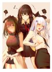  3girls ^_^ anger_vein annoyed bangs bare_shoulders black_hair blunt_bangs blush closed_eyes commentary girls_frontline green_hair hair_ornament hand_on_another&#039;s_head hand_on_head heart highres hk416_(girls_frontline) long_hair long_sleeves m16a1_(girls_frontline) m4a1_(girls_frontline) multicolored_hair multiple_girls open_mouth petting reroi smile spoken_anger_vein spoken_heart streaked_hair 