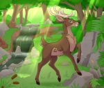  2019 antlers brown_fur cervid detailed_background feral forest fur grass green_eyes hooves horn loimu male mammal outside rock standing tree water 
