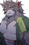  2019 abs anthro canid canine canis clothing fur hachi_duchi hi_res male mammal muscular muscular_male pecs tattoo temujin tokyo_afterschool_summoners video_games white_fur wolf 