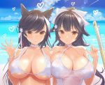  2girls alternate_costume animal_ears arm_at_side asymmetrical_docking atago_(azur_lane) atago_(midsummer_march)_(azur_lane) azur_lane bangs beach bikini black_hair blue_sky blush bow bracelet breast_press breasts casual_one-piece_swimsuit choker closed_mouth cloud criss-cross_halter extra_ears flower hair_bow hair_flaps hair_flower hair_ornament halterneck hand_up heart highres jewelry large_breasts lifted_by_self looking_at_viewer mole mole_under_eye multiple_girls nanam_(nanam_sk) navel_cutout ocean one-piece_swimsuit parted_lips ponytail ribbon see-through shoulder-to-shoulder skindentation sky smile strap_lift swept_bangs swimsuit sword takao_(azur_lane) takao_(beach_rhapsody)_(azur_lane) underboob upper_body weapon wet white_bikini white_bow white_choker white_ribbon white_swimsuit wooden_sword yellow_eyes 