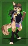  2019 5_fingers anthro black_hair black_nose citrinelle clothed clothing digital_media_(artwork) female fingers green_background green_eyes hair hi_res hyaenid mammal open_mouth simple_background smile solo spotted_hyena standing teeth tongue 