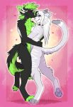  2019 anthro canid canine canis citrinelle digital_media_(artwork) domestic_cat domestic_dog duo felid feline felis female hi_res hug kissing male mammal nude pink_background simple_background smile 