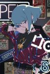  bracelet choker contemporary earrings green_hair jacket jewelry lio_fotia long_sleeves looking_at_viewer male_focus middle_finger neon_lights pants promare purple_eyes shirikon short_hair solo_focus spiked_choker spikes tattoo 
