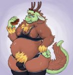  belly bodily_fluids bulge cervid cervine clothed clothing costume doughnut fluffy food hi_res hicanyoumooforme hybrid legwear male mammal moobs overweight overweight_male skimpy sweat thick_thighs 