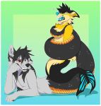  2019 anthro black_hair black_nose canid canine citrinelle coiling digital_media_(artwork) duo fin fur grey_fur hair hi_res hybrid mammal marine merfolk red_eyes reptile scalie simple_background smile snake teeth 