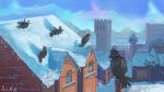  ani_(puniper) aniuskie aurora bird blurry blurry_background chimney corviknight gen_8_pokemon glowing glowing_eyes highres looking_at_viewer looking_back mountain no_humans poke_ball_symbol pokemon pokemon_(creature) road rolling rooftop scenery snow snowing street town window 