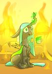  2019 absurd_res arthropod bloodshot_eyes changeling cheese cup dairy_products english_text fangs fire food friendship_is_magic green_eyes hi_res my_little_pony queen_chrysalis_(mlp) solo text underpable 