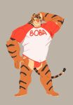  2019 5_fingers 5_toes absurd_res anthro biceps blue_eyes clothing cyanroll felid fingers hi_res jockstrap male mammal muscular muscular_male pantherine paws_(cyanroll) shirt simple_background solo tiger toes topwear underwear 